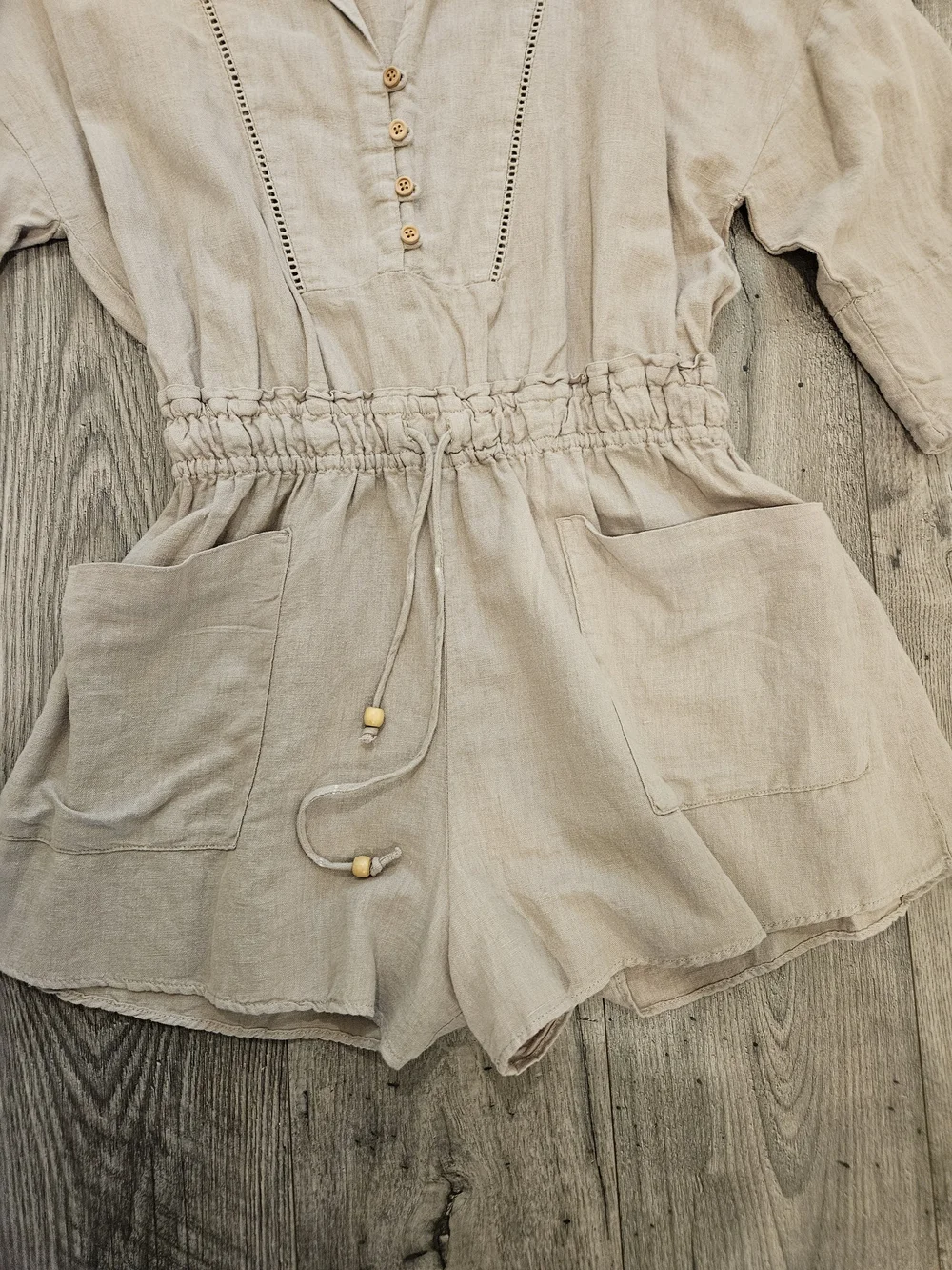 Zara Beige Linen Blend Safari Boho Short Sleeve Drawstring Romper Sz. M